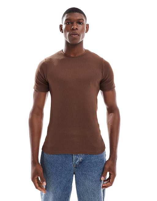 ASOS DESIGN muscle boxy t-shirt in brown rib