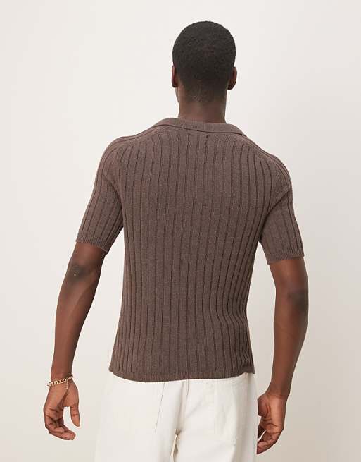 ASOS DESIGN Muscle Fit Boxy Knitted Rib Polo In Brown