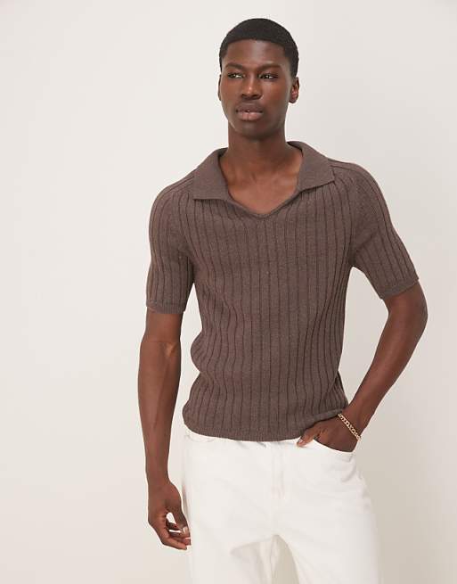 ASOS DESIGN Muscle Fit Boxy Knitted Rib Polo In Brown