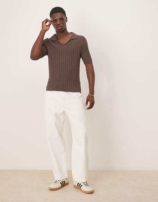 ASOS DESIGN Muscle Fit Boxy Knitted Rib Polo In Brown
