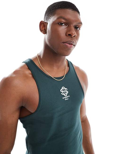 ASOS DESIGN Muscle Fit High Scoop Vest With Chest Logo Embroidery In Dark Green
