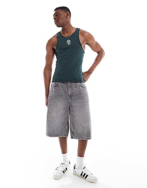 ASOS DESIGN Muscle Fit High Scoop Vest With Chest Logo Embroidery In Dark Green