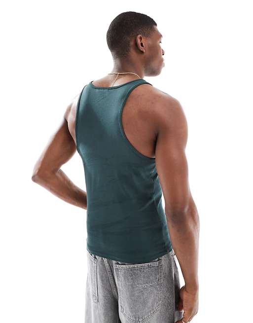 ASOS DESIGN Muscle Fit High Scoop Vest With Chest Logo Embroidery In Dark Green