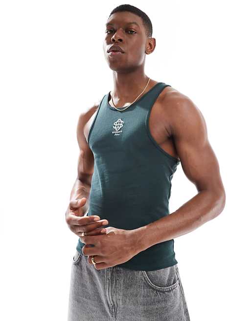 ASOS DESIGN muscle fit high scoop vest with chest logo embroidery in dark green