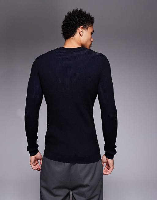 ASOS DESIGN Muscle Fit Knitted Blue Plated Rib T-shirt In Black