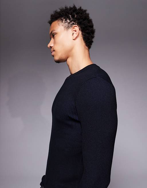 ASOS DESIGN Muscle Fit Knitted Blue Plated Rib T-shirt In Black