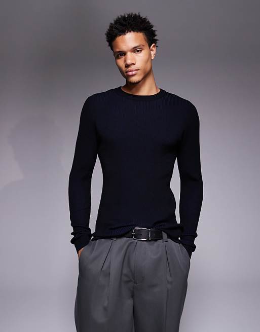 ASOS DESIGN muscle fit knitted blue plated rib t-shirt in black