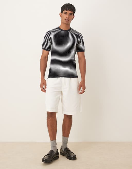 ASOS DESIGN Muscle Fit Knitted Crew Neck T-shirt In Navy And Cream Stripe