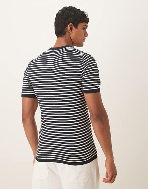ASOS DESIGN Muscle Fit Knitted Crew Neck T-shirt In Navy And Cream Stripe