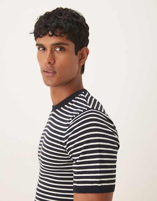 ASOS DESIGN Muscle Fit Knitted Crew Neck T-shirt In Navy And Cream Stripe