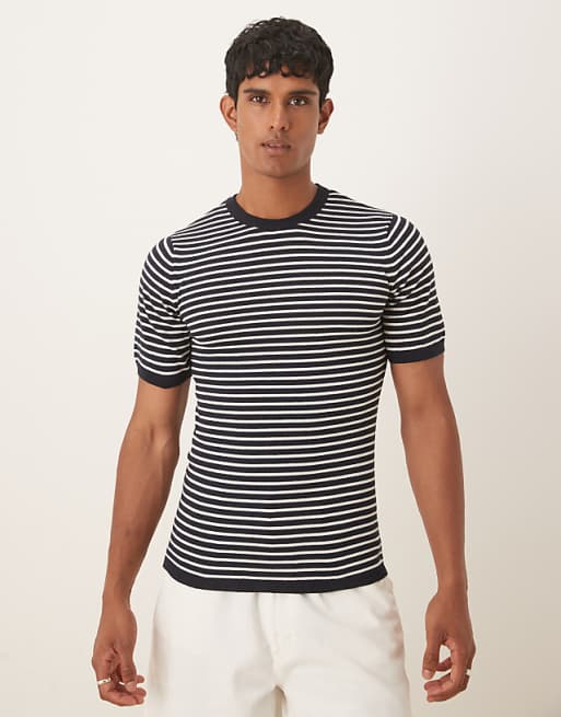 ASOS DESIGN muscle fit knitted crew neck t-shirt in navy and cream stripe