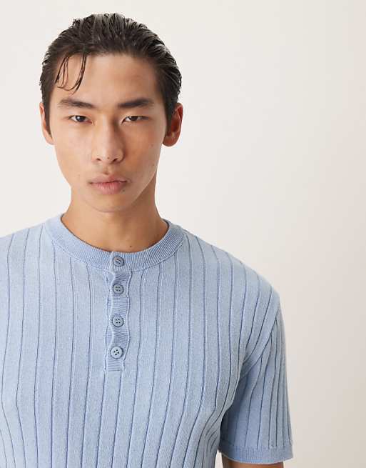 ASOS DESIGN Muscle Fit Knitted Henley Neck T-shirt In Light Blue