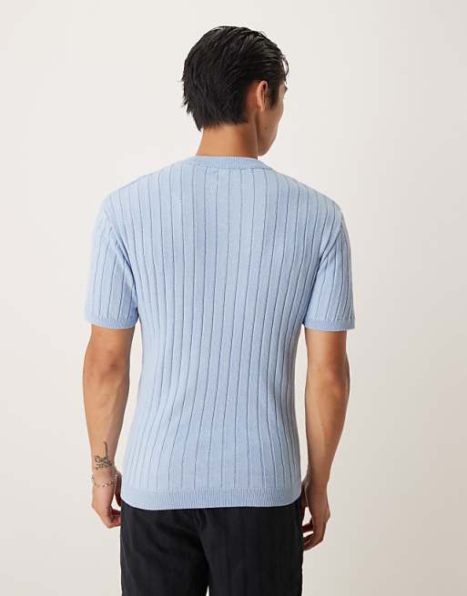 ASOS DESIGN Muscle Fit Knitted Henley Neck T-shirt In Light Blue
