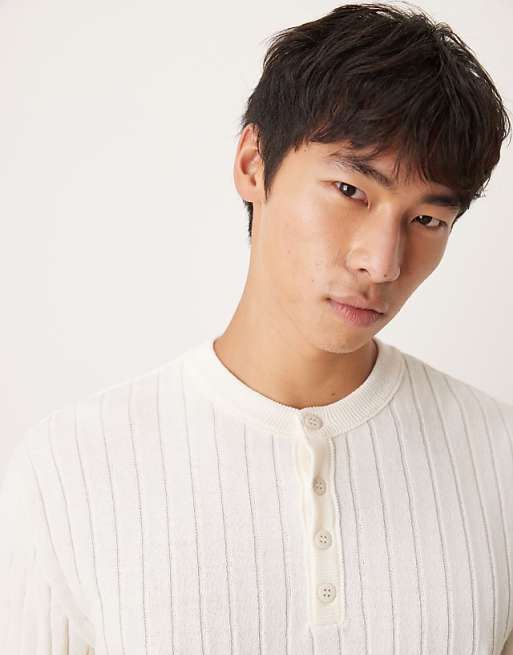 ASOS DESIGN Muscle Fit Knitted Henley Neck T-shirt In Cream
