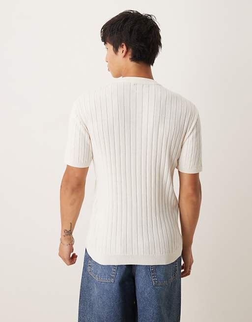 ASOS DESIGN Muscle Fit Knitted Henley Neck T-shirt In Cream