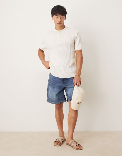 ASOS DESIGN Muscle Fit Knitted Henley Neck T-shirt In Cream
