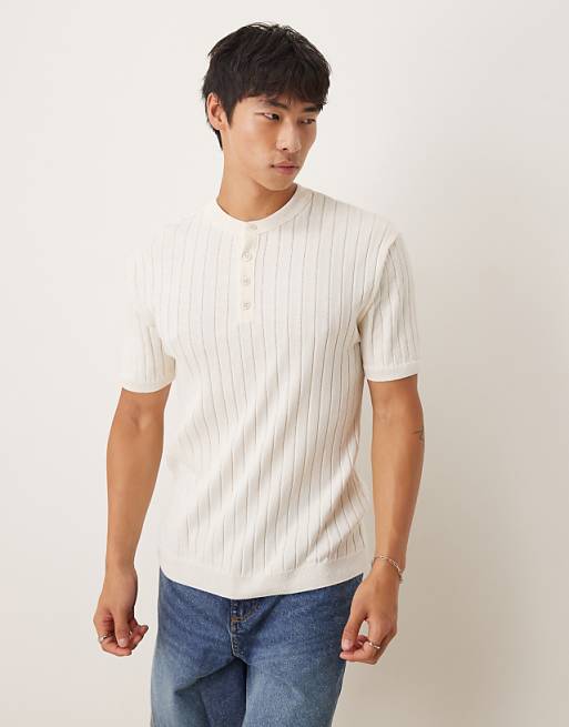 ASOS DESIGN muscle fit knitted henley neck t-shirt in cream