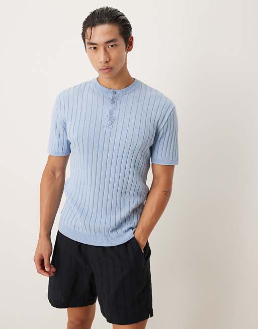 ASOS DESIGN muscle fit knitted henley neck t-shirt in light blue