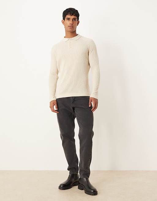 ASOS DESIGN Muscle Fit Knitted Long Sleeve Polo T-shirt In Cream