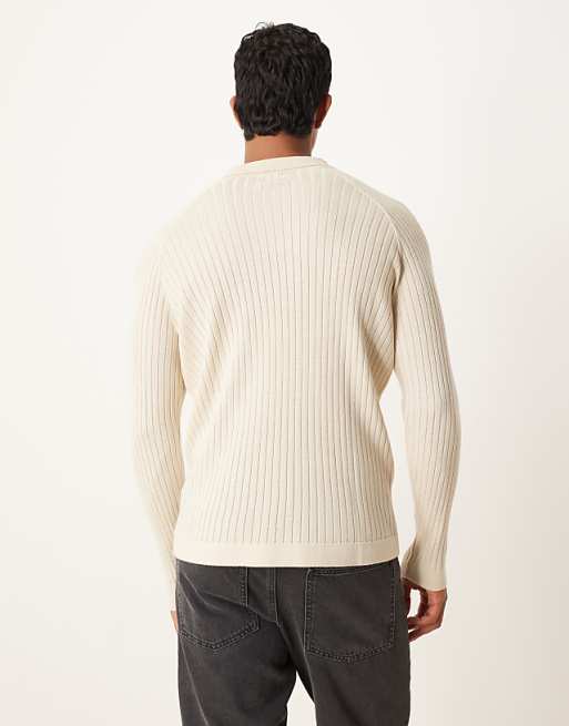 ASOS DESIGN Muscle Fit Knitted Long Sleeve Polo T-shirt In Cream