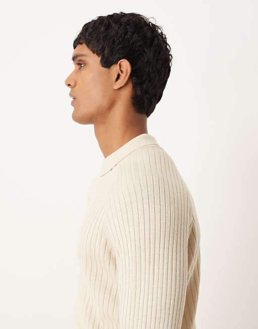 ASOS DESIGN Muscle Fit Knitted Long Sleeve Polo T-shirt In Cream