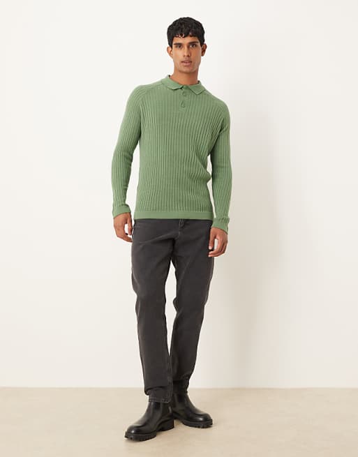 ASOS DESIGN Muscle Fit Knitted Long Sleeve Polo T-shirt In Khaki