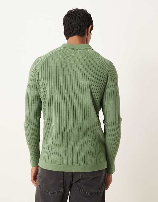 ASOS DESIGN Muscle Fit Knitted Long Sleeve Polo T-shirt In Khaki
