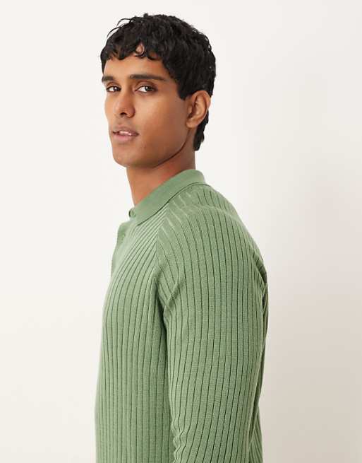 ASOS DESIGN Muscle Fit Knitted Long Sleeve Polo T-shirt In Khaki