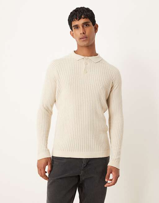 ASOS DESIGN muscle fit knitted long sleeve polo t-shirt in cream