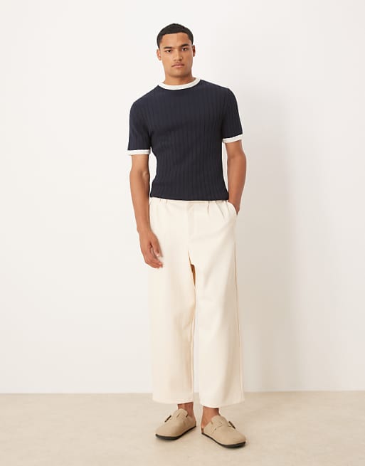 ASOS DESIGN Muscle Fit Knitted Ringer T-shirt In Navy
