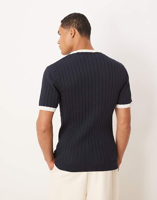 ASOS DESIGN Muscle Fit Knitted Ringer T-shirt In Navy