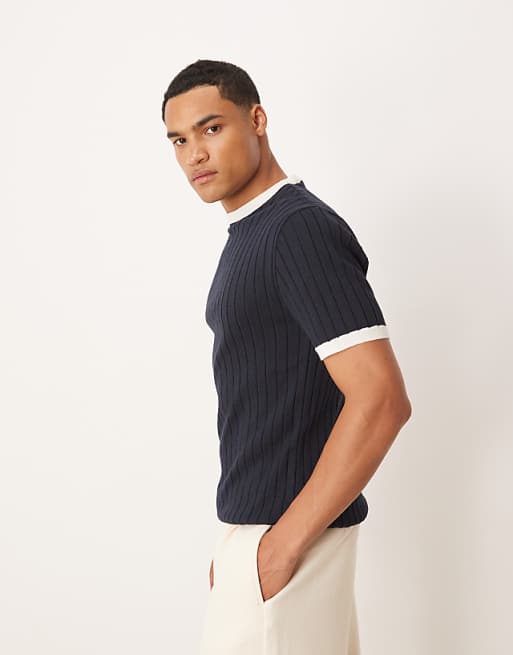 ASOS DESIGN Muscle Fit Knitted Ringer T-shirt In Navy