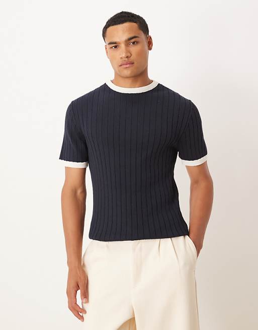 ASOS DESIGN muscle fit knitted ringer t-shirt in navy