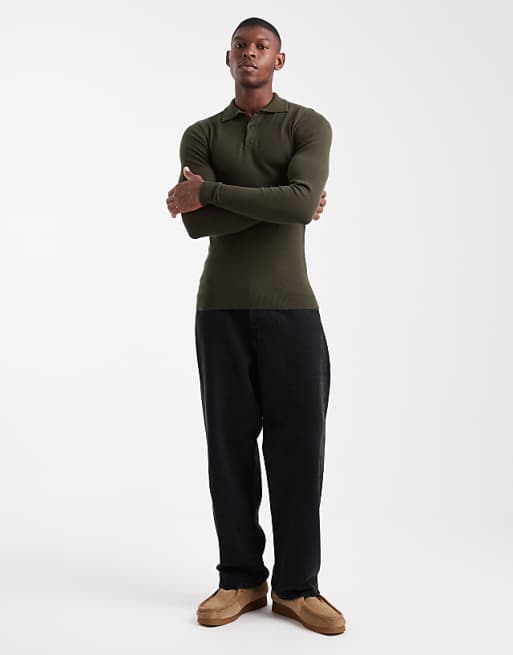 ASOS DESIGN Muscle Fit Knitted Textured Polo In Dark Green
