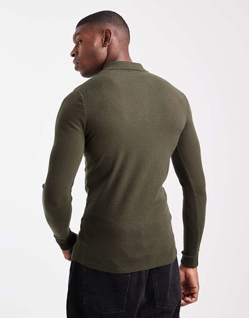 ASOS DESIGN Muscle Fit Knitted Textured Polo In Dark Green