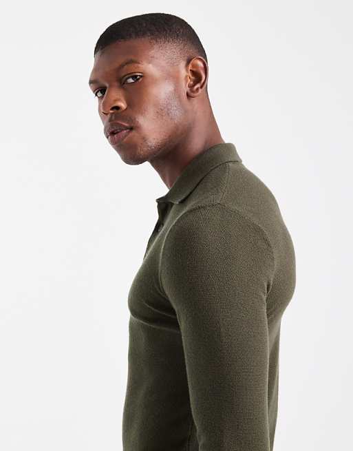 ASOS DESIGN Muscle Fit Knitted Textured Polo In Dark Green