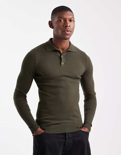 ASOS DESIGN muscle fit knitted textured polo in dark green