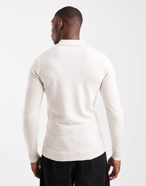 ASOS DESIGN Muscle Fit Knitted Textured Polo In Ecru