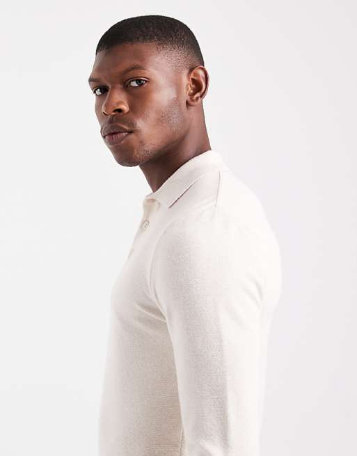 ASOS DESIGN Muscle Fit Knitted Textured Polo In Ecru