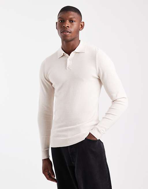 ASOS DESIGN muscle fit knitted textured polo in ecru