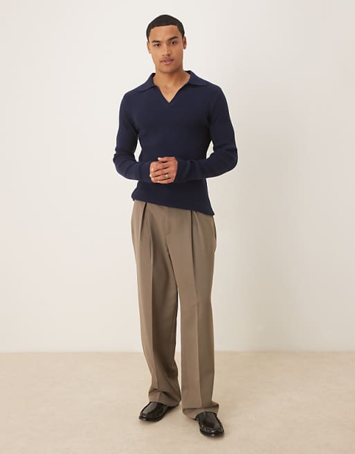 ASOS DESIGN Muscle Fit Long Sleeve Compact Knit Notch Neck Polo In Navy