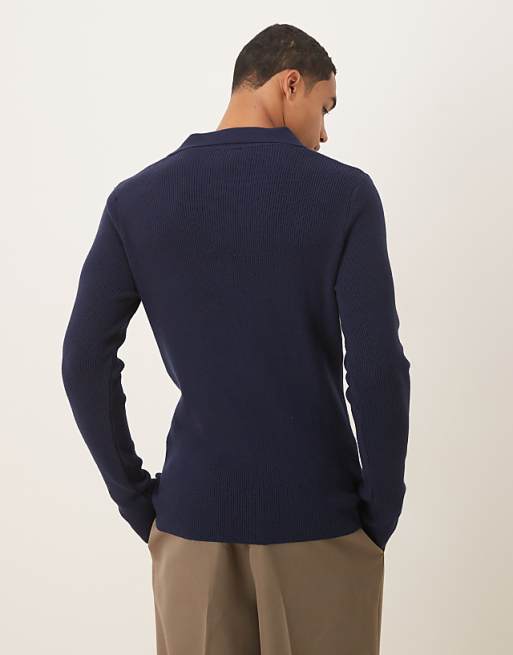 ASOS DESIGN Muscle Fit Long Sleeve Compact Knit Notch Neck Polo In Navy