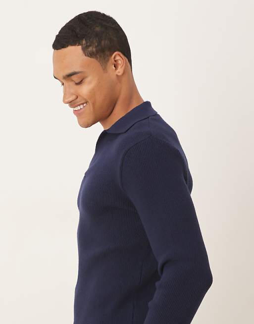 ASOS DESIGN Muscle Fit Long Sleeve Compact Knit Notch Neck Polo In Navy