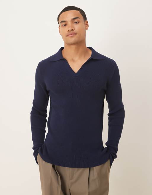 ASOS DESIGN muscle fit long sleeve compact knit notch neck polo in navy