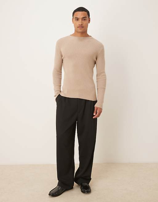 ASOS DESIGN Muscle Fit Long Sleeve Compact Knit Rib T-shirt In Beige