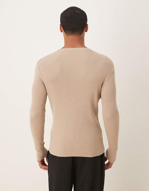 ASOS DESIGN Muscle Fit Long Sleeve Compact Knit Rib T-shirt In Beige