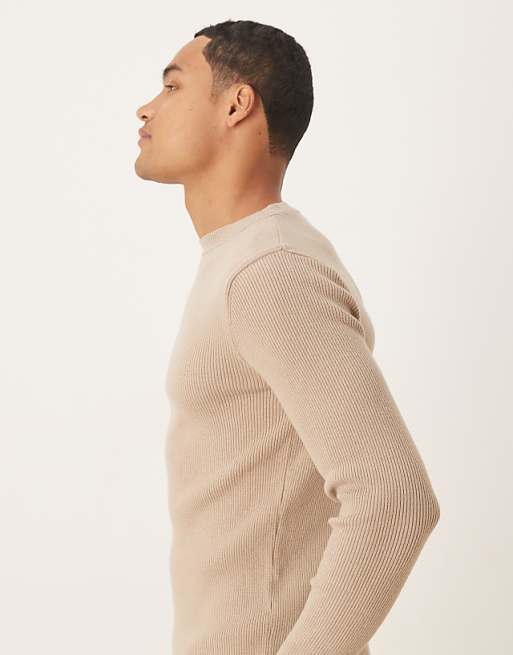 ASOS DESIGN Muscle Fit Long Sleeve Compact Knit Rib T-shirt In Beige