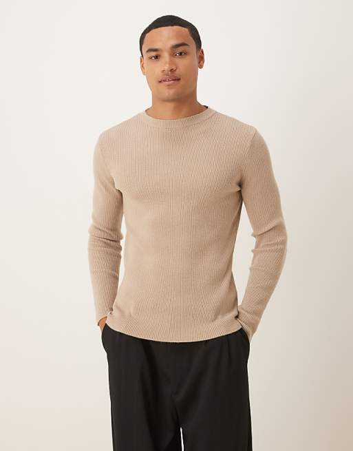 ASOS DESIGN muscle fit long sleeve compact knit rib t-shirt in beige