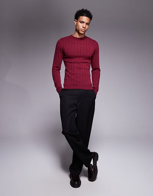 ASOS DESIGN Muscle Fit Long Sleeve Knitted Rib T-shirt In Burgundy