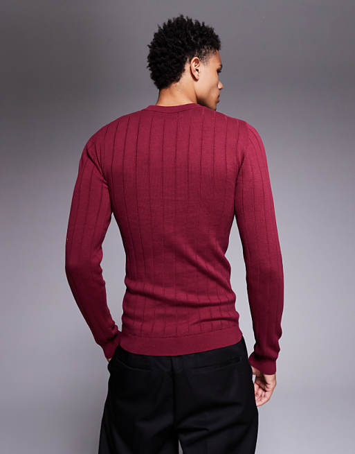 ASOS DESIGN Muscle Fit Long Sleeve Knitted Rib T-shirt In Burgundy